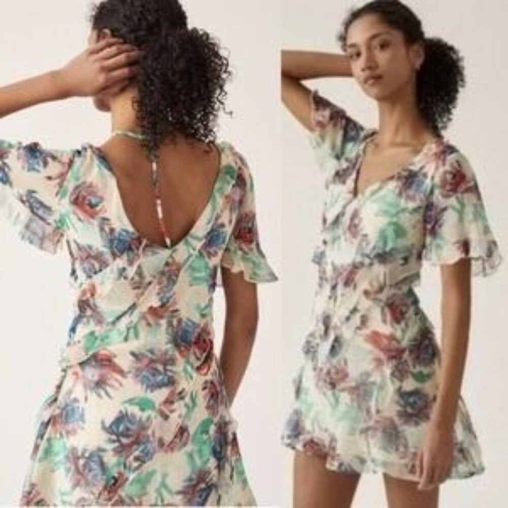 Anthropologie Floral V-Neck Ruffle Mini Dress Sz S Boho Summer Party Outfit Past